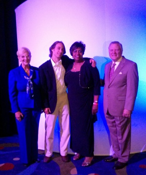 Standing Georgia Govenor Nathan Deal and wife with DeKalb County Schools Sagamore Hills Elementary School parent Dave Barker and Clayton County Public Schools Elite Scholars Academy PTSA Vice President Delzora Tharpe at the 2014 Georgia PTA Convention Leadership Training "Red Carpet Affair" dinner